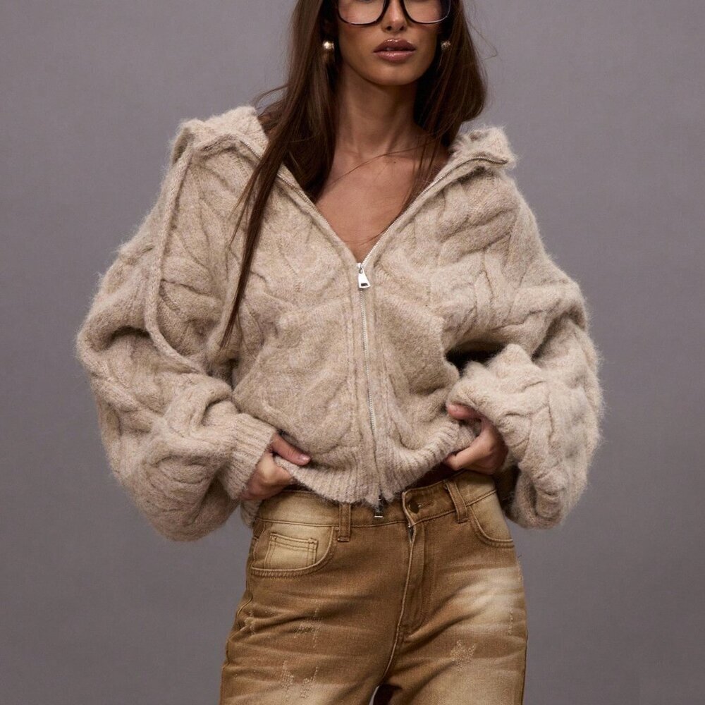 Khaki Oversized Women's Cable Knit Hooded Sweater